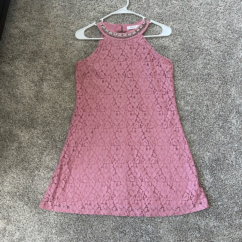 Halter neck pink lace dress